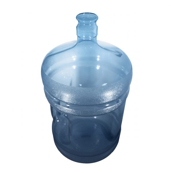 Botella (Jarra/Garrafón) azul transparente de 18.9 Litros (18.9L) / 5 galones (5 gal) de agua HOD con acabado de cuello de 55 mm y asa curva para cierres a presión Arriba